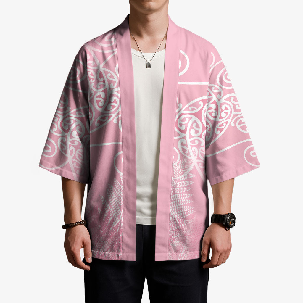 Aotearoa Maori Koru Curves Kimono Silver Ferns - Rose Pink LT7 - Polynesian Pride