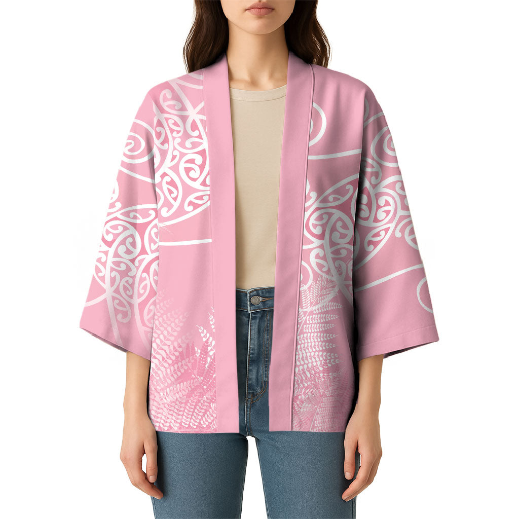 Aotearoa Maori Koru Curves Kimono Silver Ferns - Rose Pink LT7 - Polynesian Pride