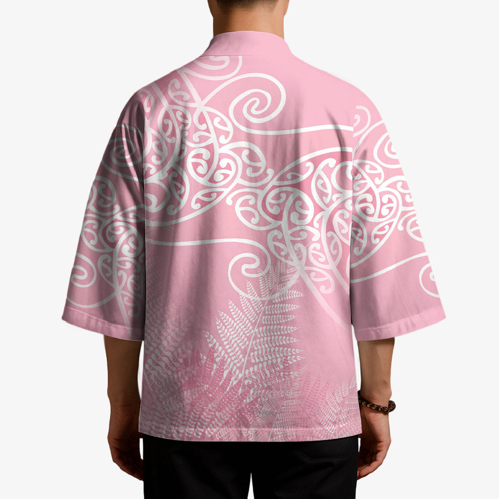 Aotearoa Maori Koru Curves Kimono Silver Ferns - Rose Pink LT7 - Polynesian Pride