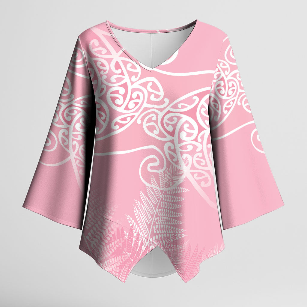 Aotearoa Maori Koru Curves Kimono Sleeve Blouse Silver Ferns - Rose Pink LT7 Female Pink - Polynesian Pride