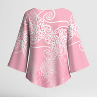Aotearoa Maori Koru Curves Kimono Sleeve Blouse Silver Ferns - Rose Pink LT7 - Polynesian Pride