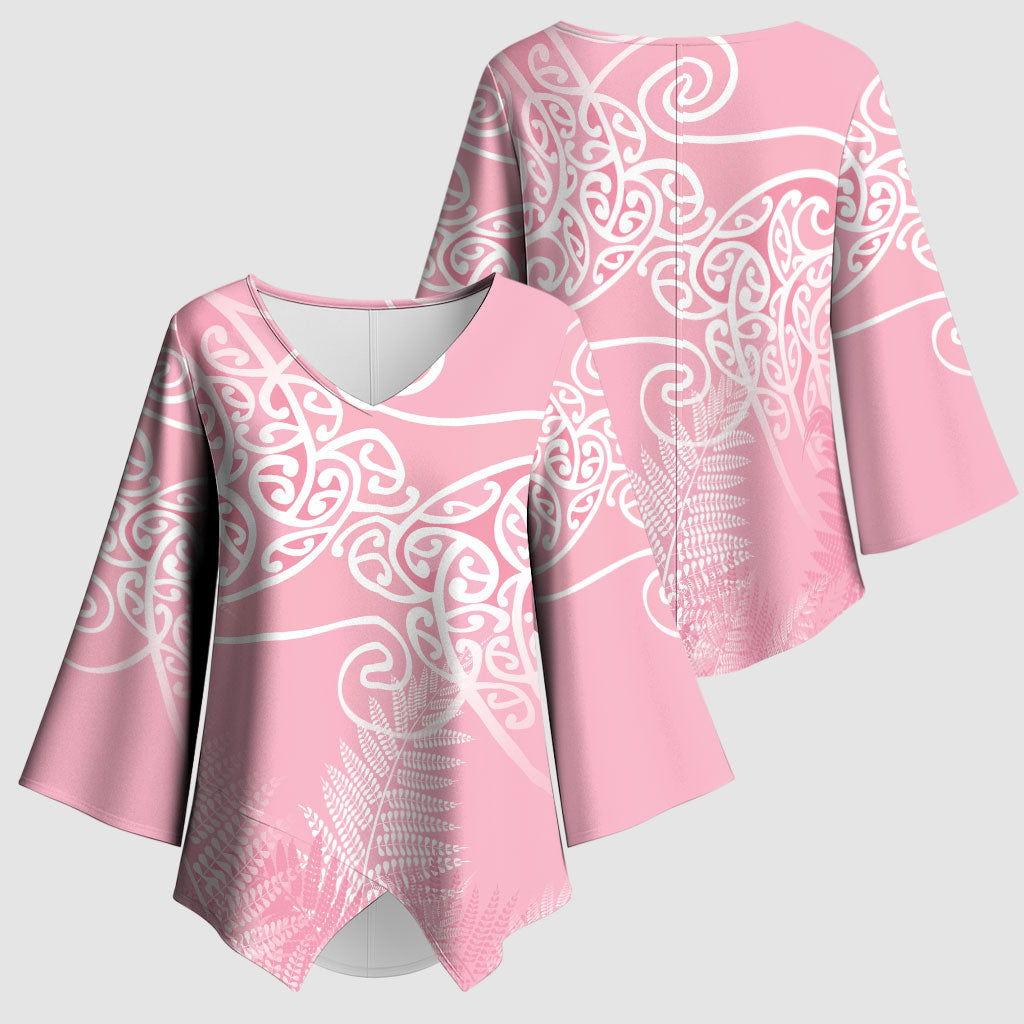 Aotearoa Maori Koru Curves Kimono Sleeve Blouse Silver Ferns - Rose Pink LT7 - Polynesian Pride
