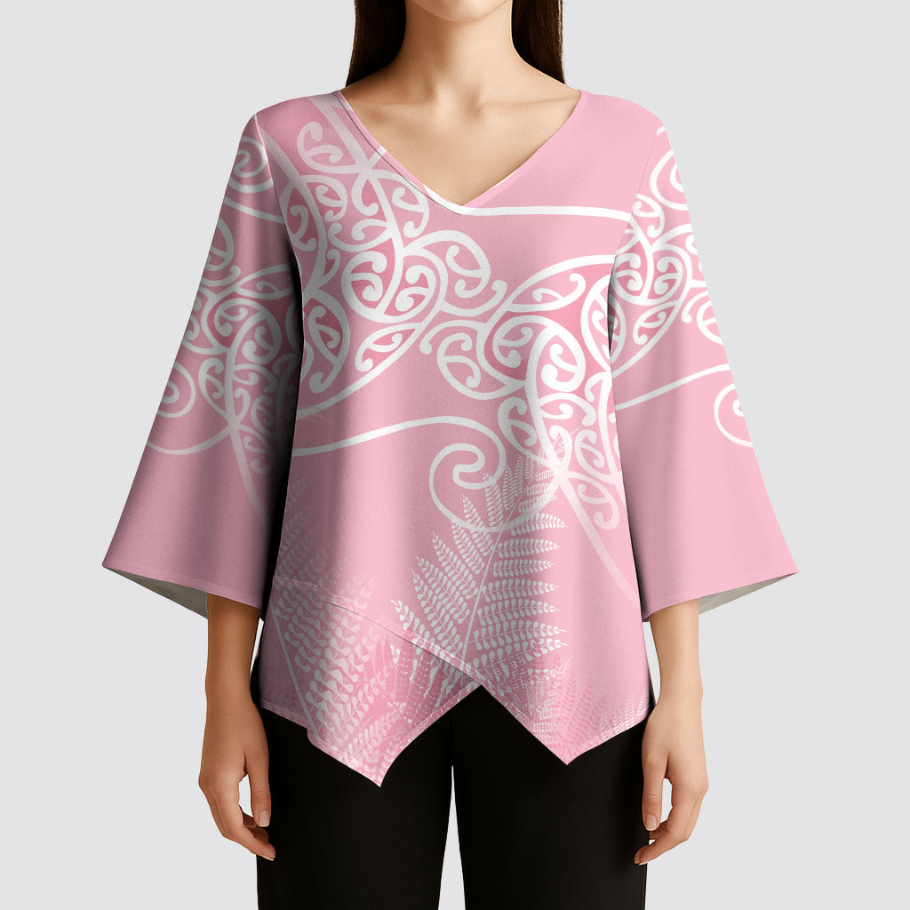 Aotearoa Maori Koru Curves Kimono Sleeve Blouse Silver Ferns - Rose Pink LT7 - Polynesian Pride