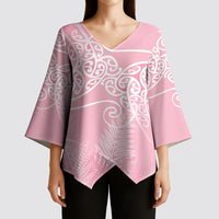 Aotearoa Maori Koru Curves Kimono Sleeve Blouse Silver Ferns - Rose Pink LT7 - Polynesian Pride