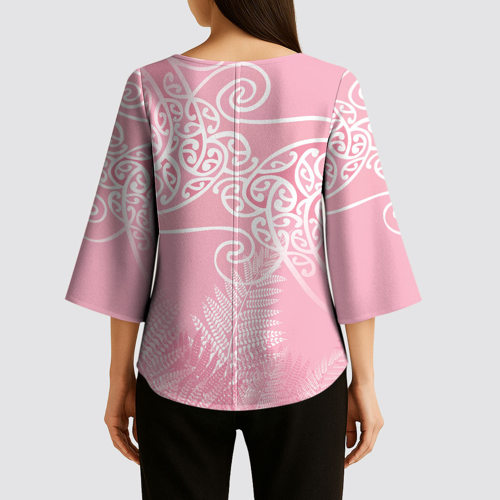 Aotearoa Maori Koru Curves Kimono Sleeve Blouse Silver Ferns - Rose Pink LT7 - Polynesian Pride