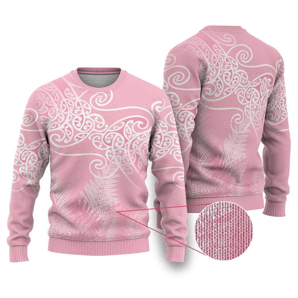 Aotearoa Maori Koru Curves Ugly Christmas Sweater Silver Ferns - Rose Pink LT7 Pink - Polynesian Pride