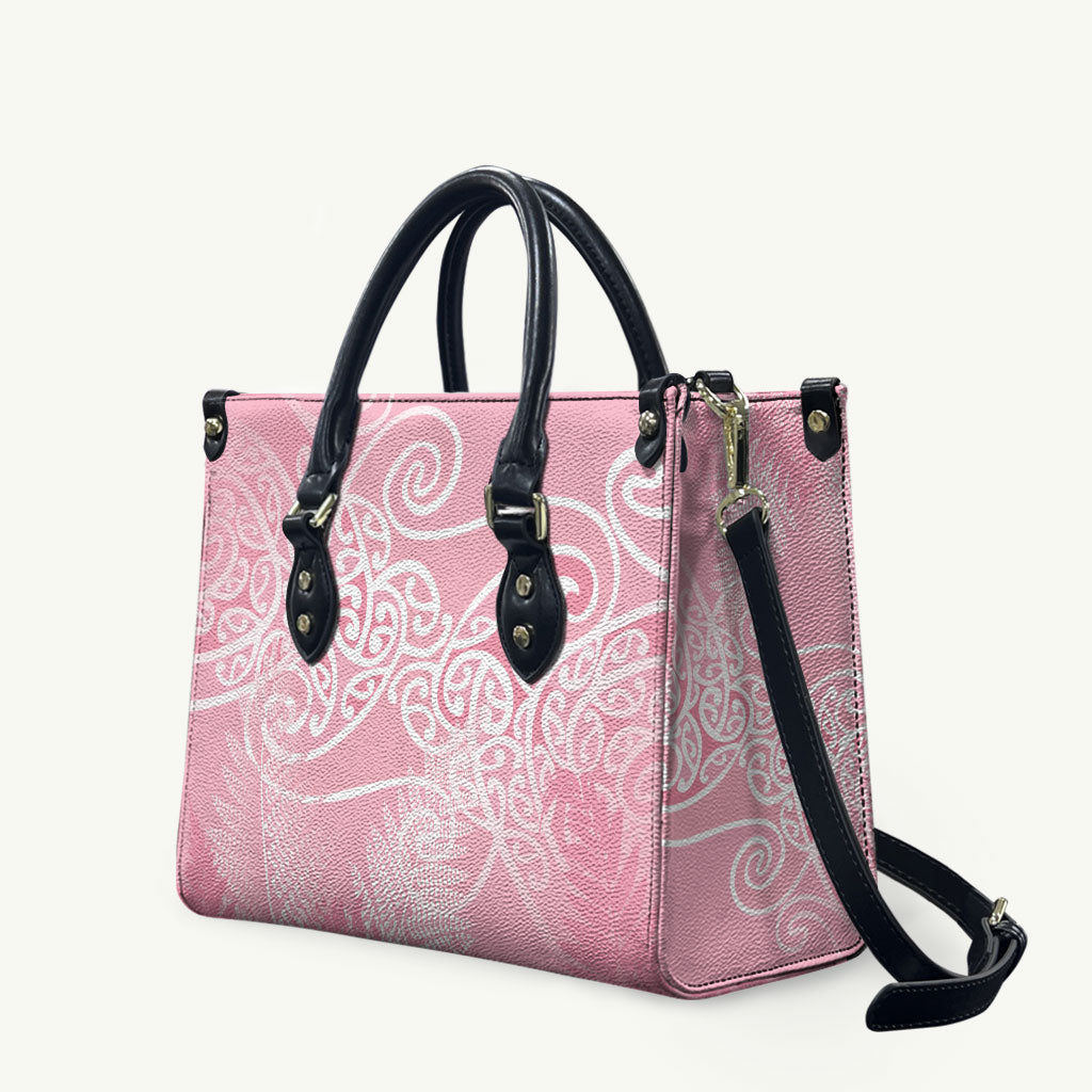 Aotearoa Maori Koru Curves Leather Bag Silver Ferns - Rose Pink LT7 Pink - Polynesian Pride
