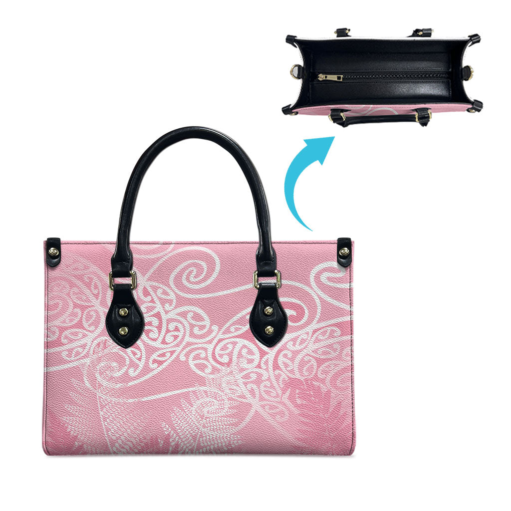 Aotearoa Maori Koru Curves Leather Bag Silver Ferns - Rose Pink LT7 - Polynesian Pride