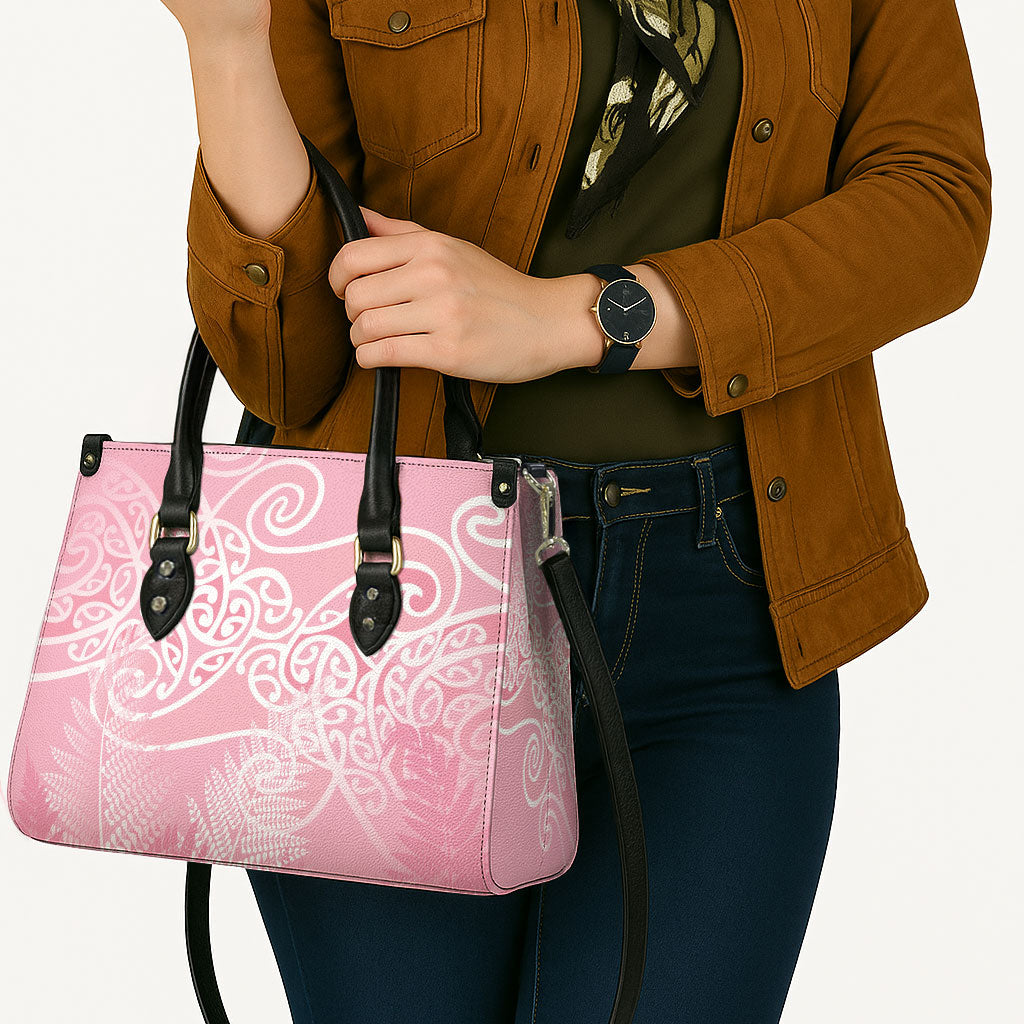 Aotearoa Maori Koru Curves Leather Bag Silver Ferns - Rose Pink LT7 - Polynesian Pride