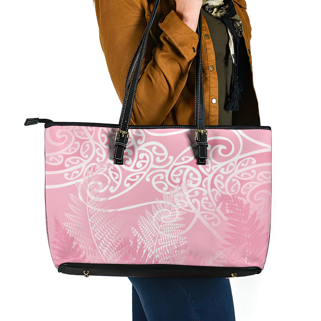 Aotearoa Maori Koru Curves Leather Tote Bag Silver Ferns - Rose Pink LT7 - Polynesian Pride