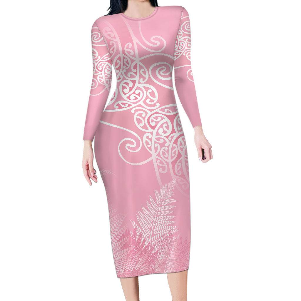 Aotearoa Maori Koru Curves Long Sleeve Bodycon Dress Silver Ferns - Rose Pink
