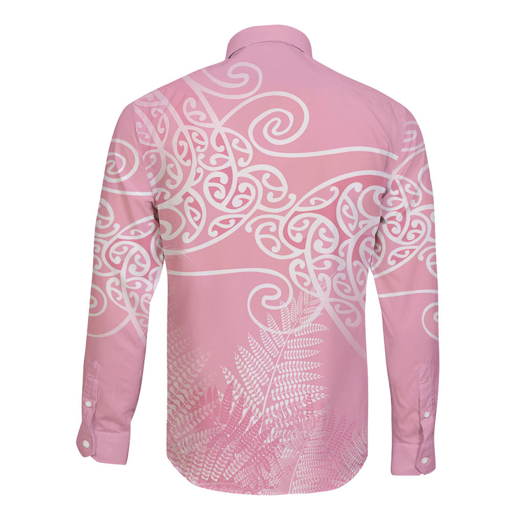 Aotearoa Maori Koru Curves Long Sleeve Button Shirt Silver Ferns - Rose Pink LT7 - Polynesian Pride