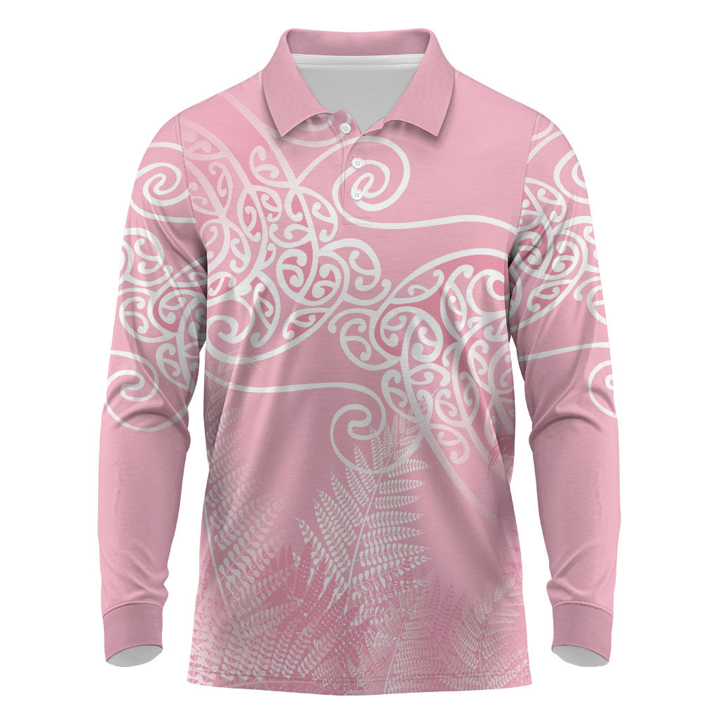 Aotearoa Maori Koru Curves Long Sleeve Polo Shirt Silver Ferns - Rose Pink LT7 Pink - Polynesian Pride