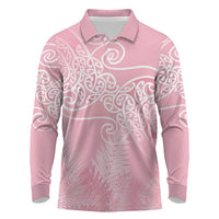 Aotearoa Maori Koru Curves Long Sleeve Polo Shirt Silver Ferns - Rose Pink LT7 Pink - Polynesian Pride
