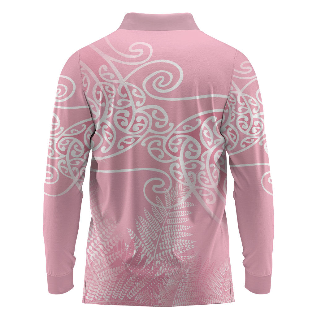 Aotearoa Maori Koru Curves Long Sleeve Polo Shirt Silver Ferns - Rose Pink LT7 - Polynesian Pride