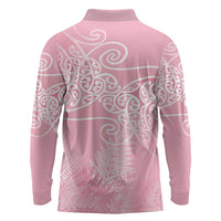 Aotearoa Maori Koru Curves Long Sleeve Polo Shirt Silver Ferns - Rose Pink LT7 - Polynesian Pride