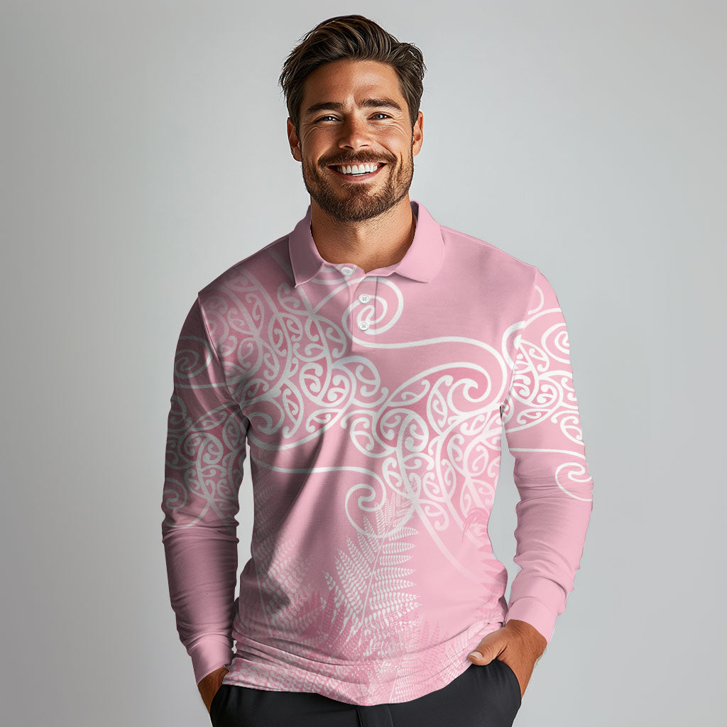 Aotearoa Maori Koru Curves Long Sleeve Polo Shirt Silver Ferns - Rose Pink LT7 - Polynesian Pride