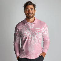 Aotearoa Maori Koru Curves Long Sleeve Polo Shirt Silver Ferns - Rose Pink LT7 - Polynesian Pride