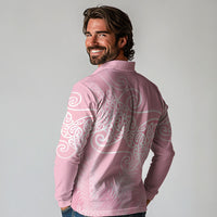 Aotearoa Maori Koru Curves Long Sleeve Polo Shirt Silver Ferns - Rose Pink LT7 - Polynesian Pride