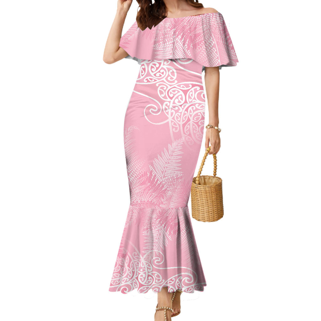 Aotearoa Maori Koru Curves Mermaid Dress Silver Ferns - Rose Pink LT7 Women Pink - Polynesian Pride