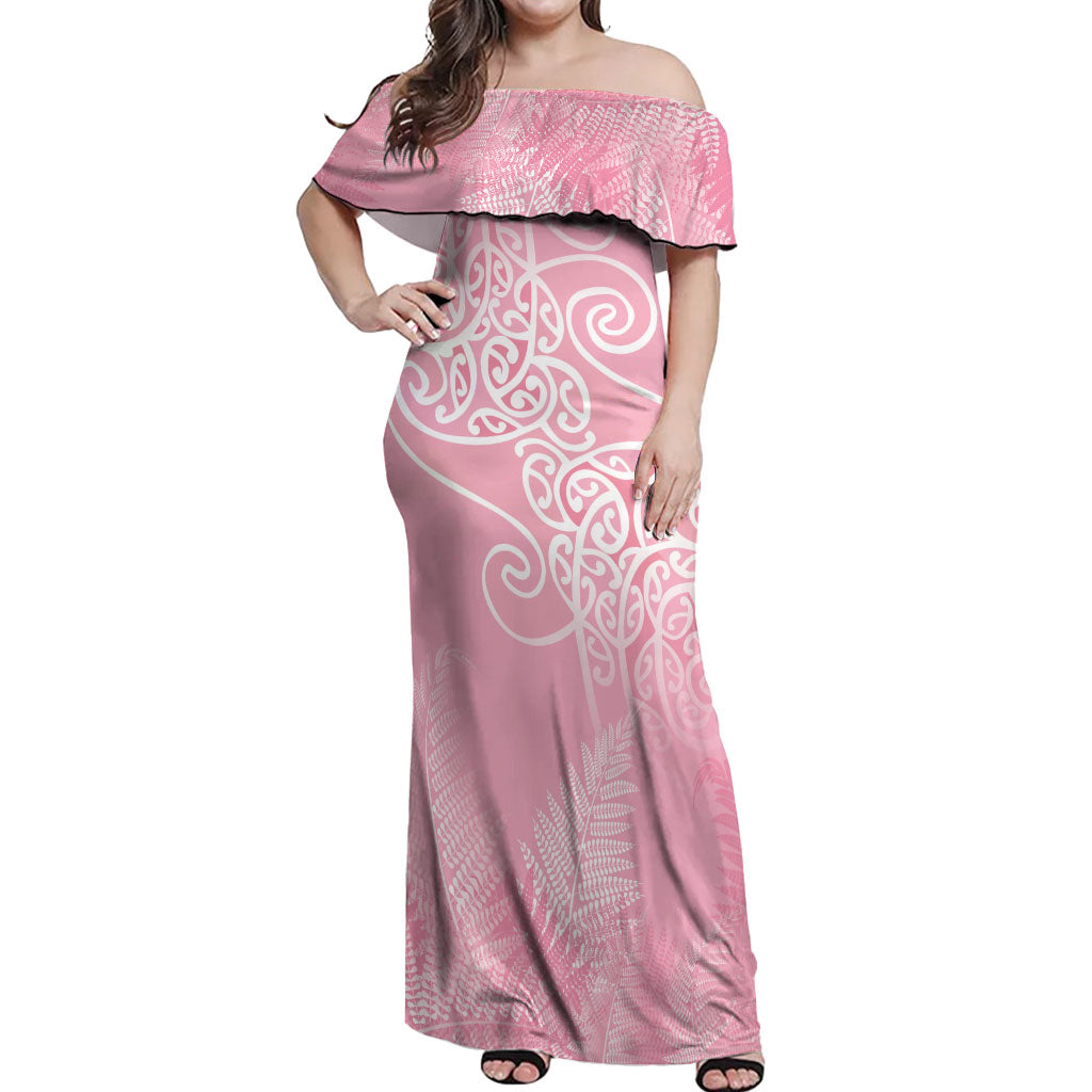 Aotearoa Maori Koru Curves Off Shoulder Maxi Dress Silver Ferns - Rose Pink LT7 Women Pink - Polynesian Pride