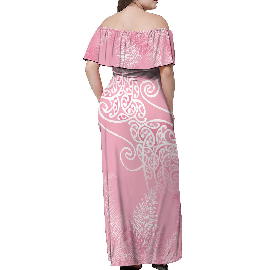 Aotearoa Maori Koru Curves Off Shoulder Maxi Dress Silver Ferns - Rose Pink LT7 - Polynesian Pride