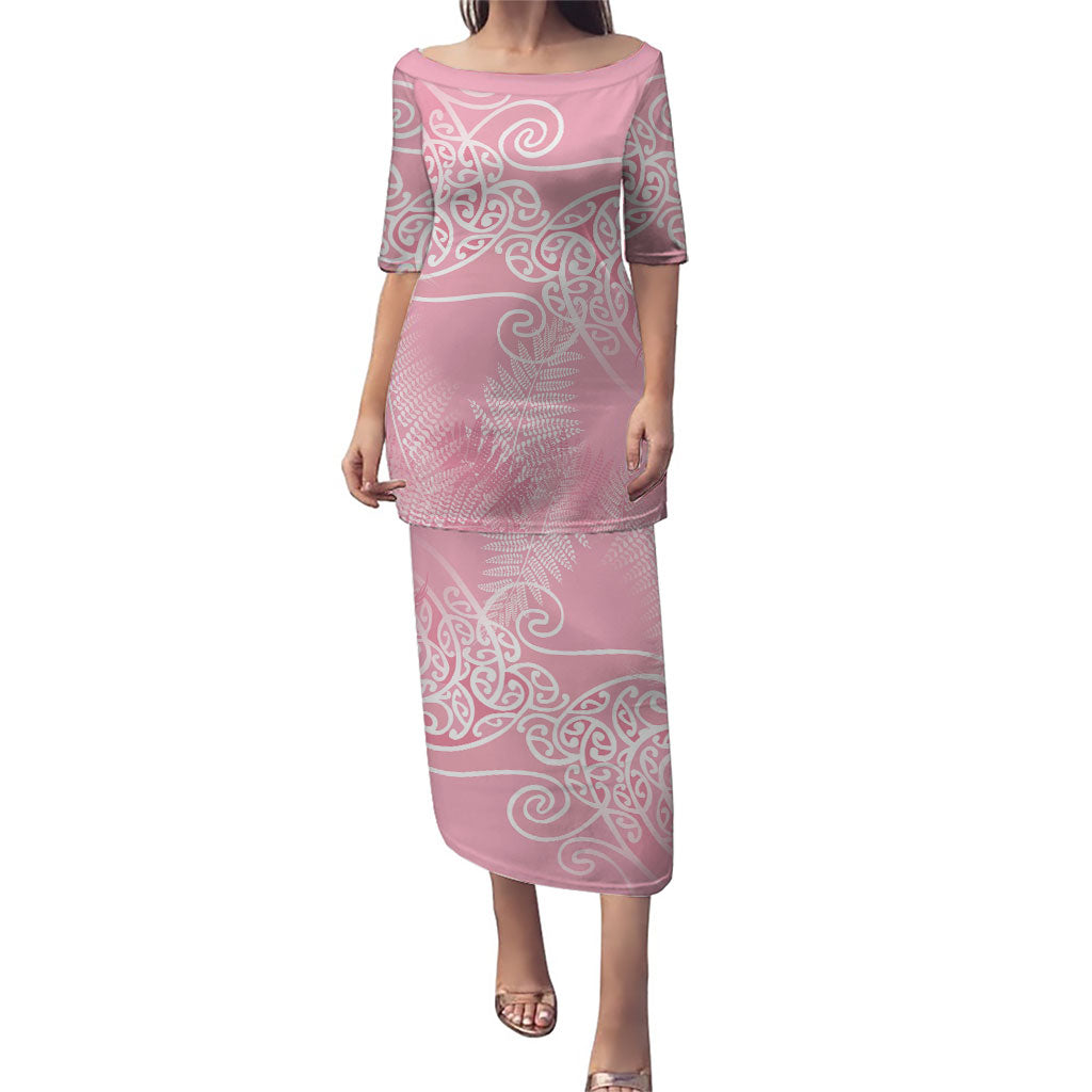 Aotearoa Maori Koru Curves Puletasi Silver Ferns - Rose Pink LT7 Long Dress Pink - Polynesian Pride