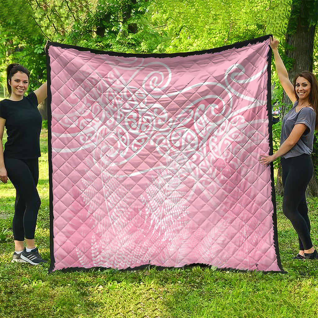 Aotearoa Maori Koru Curves Quilt Silver Ferns - Rose Pink LT7 - Polynesian Pride