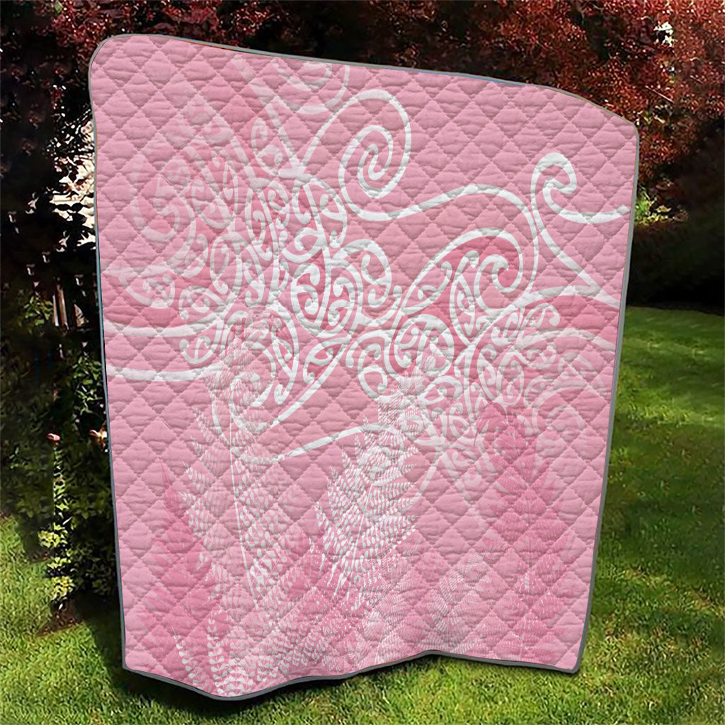 Aotearoa Maori Koru Curves Quilt Silver Ferns - Rose Pink LT7 - Polynesian Pride