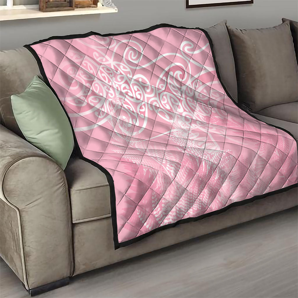 Aotearoa Maori Koru Curves Quilt Silver Ferns - Rose Pink LT7 - Polynesian Pride