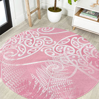 Aotearoa Maori Koru Curves Round Carpet Silver Ferns - Rose Pink