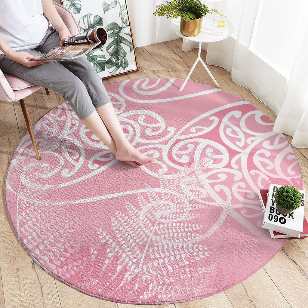 Aotearoa Maori Koru Curves Round Carpet Silver Ferns - Rose Pink