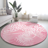 Aotearoa Maori Koru Curves Round Carpet Silver Ferns - Rose Pink