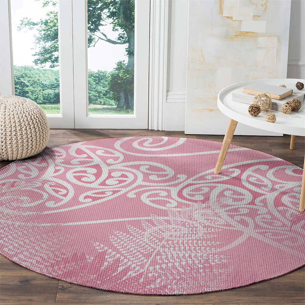 Aotearoa Maori Koru Curves Round Carpet Silver Ferns - Rose Pink