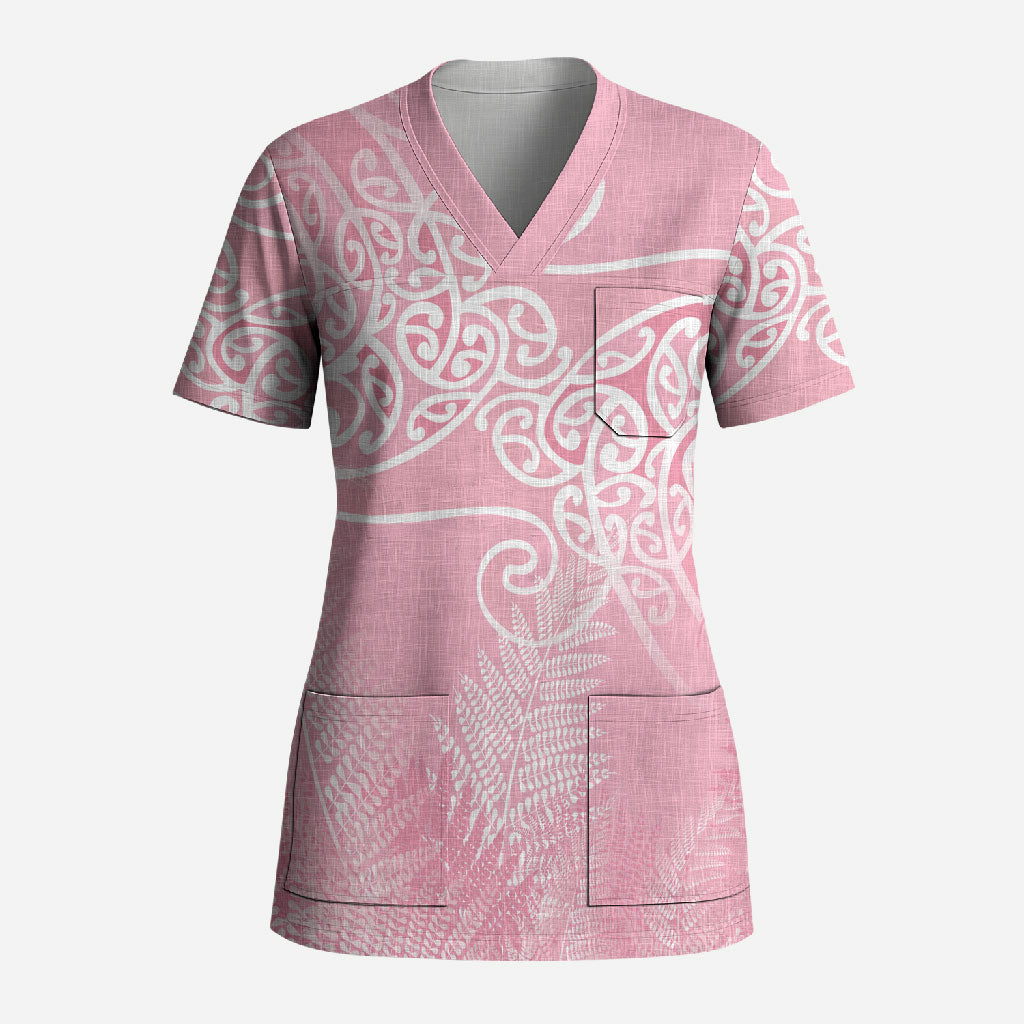 Aotearoa Maori Koru Curves Scrub Top Silver Ferns - Rose Pink LT7 Adult Pink - Polynesian Pride