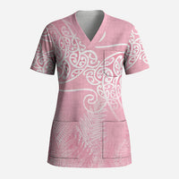 Aotearoa Maori Koru Curves Scrub Top Silver Ferns - Rose Pink LT7 Adult Pink - Polynesian Pride