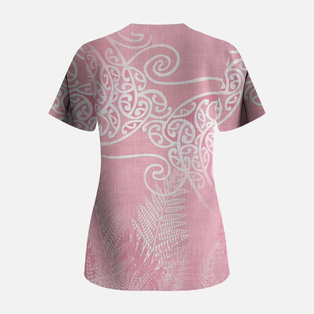 Aotearoa Maori Koru Curves Scrub Top Silver Ferns - Rose Pink LT7 - Polynesian Pride