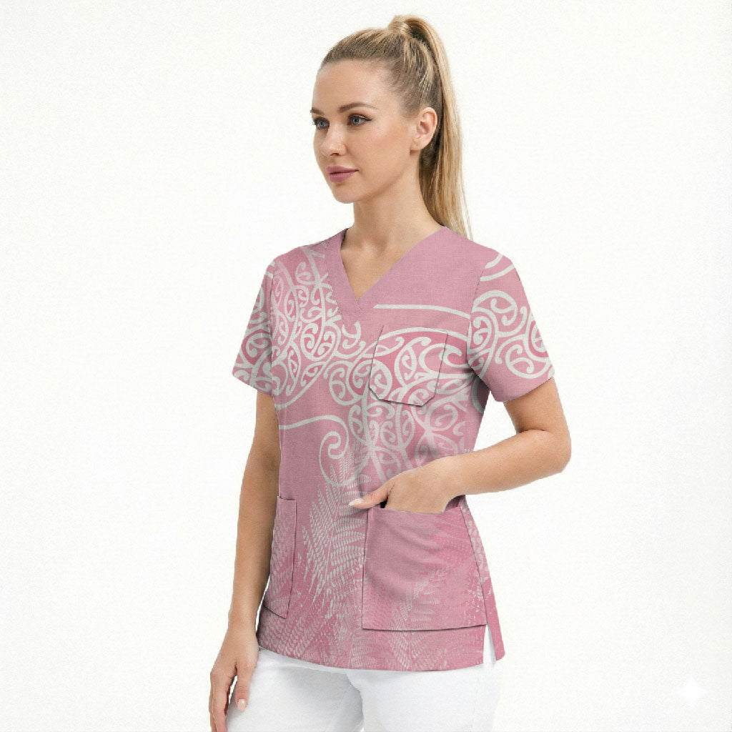 Aotearoa Maori Koru Curves Scrub Top Silver Ferns - Rose Pink LT7 - Polynesian Pride