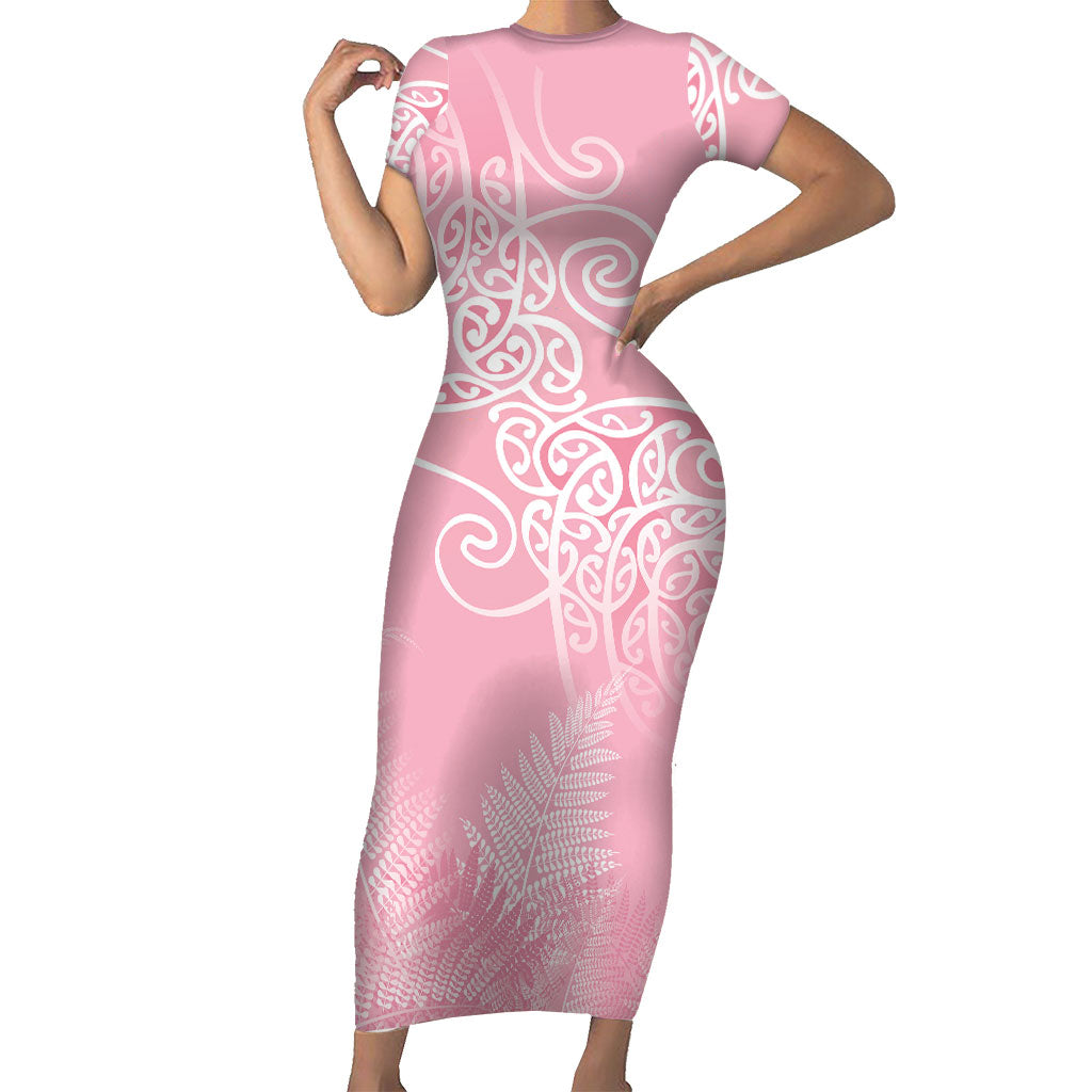 Aotearoa Maori Koru Curves Short Sleeve Bodycon Dress Silver Ferns - Rose Pink LT7 Long Dress Pink - Polynesian Pride