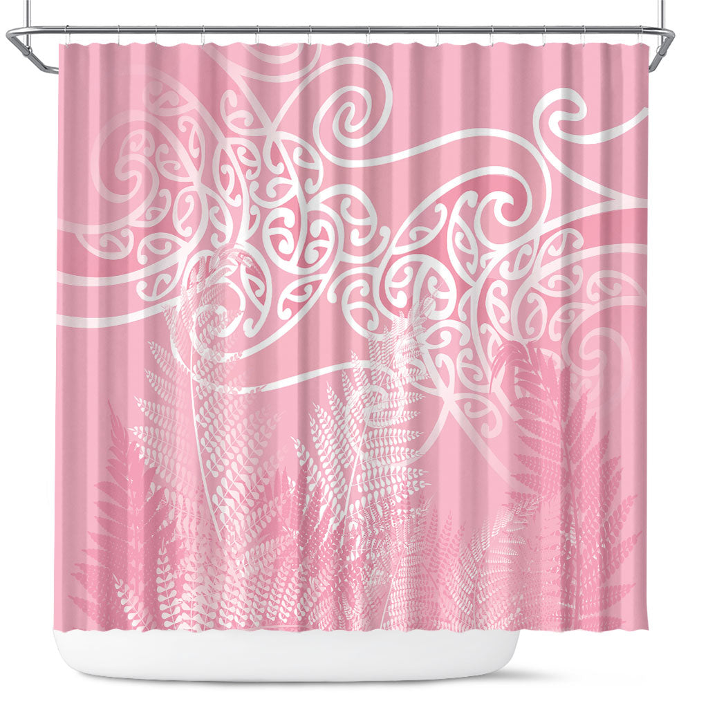 Aotearoa Maori Koru Curves Shower Curtain Silver Ferns - Rose Pink LT7 Pink - Polynesian Pride