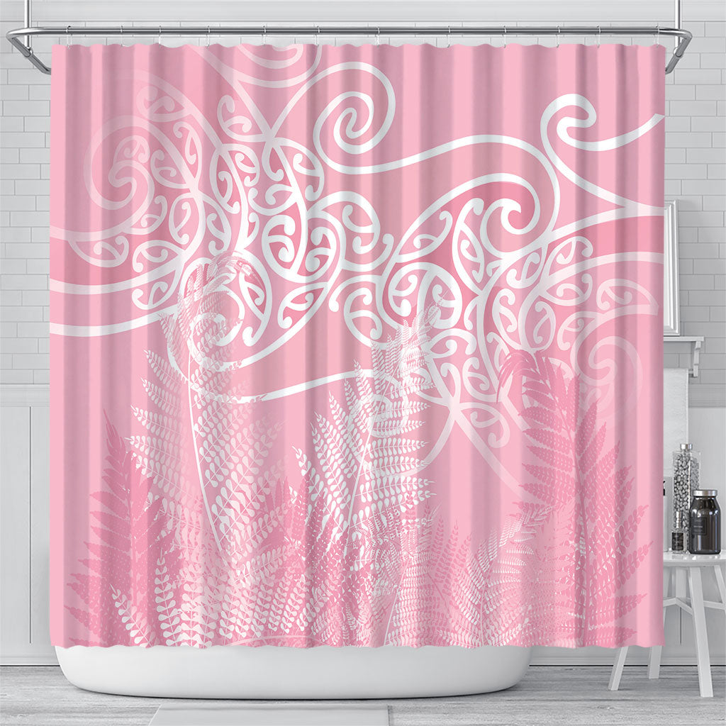 Aotearoa Maori Koru Curves Shower Curtain Silver Ferns - Rose Pink LT7 - Polynesian Pride
