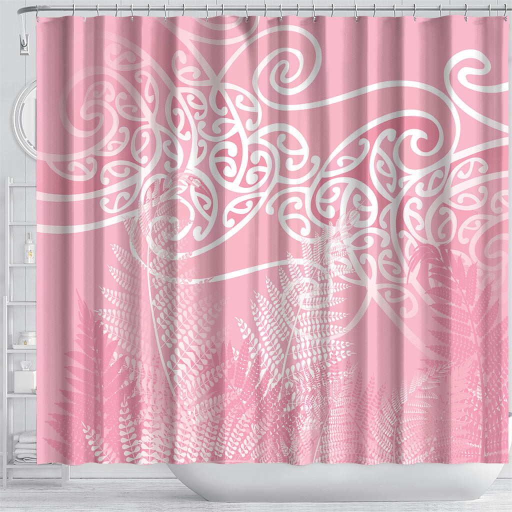 Aotearoa Maori Koru Curves Shower Curtain Silver Ferns - Rose Pink LT7 - Polynesian Pride