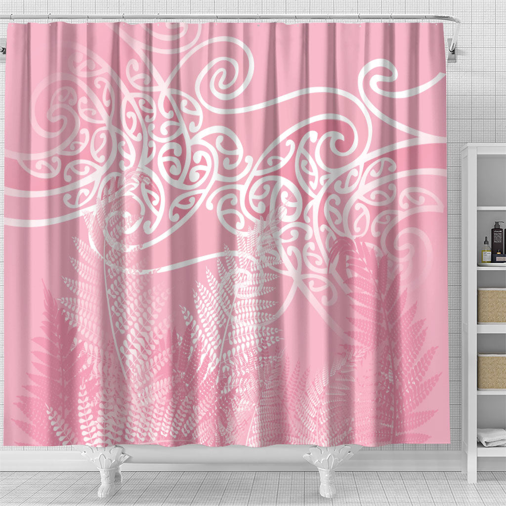 Aotearoa Maori Koru Curves Shower Curtain Silver Ferns - Rose Pink LT7 - Polynesian Pride