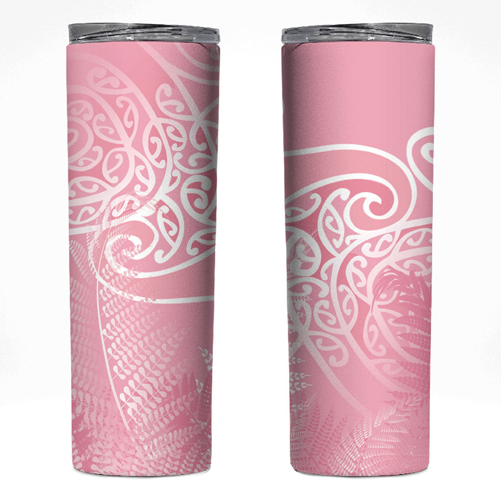 Aotearoa Maori Koru Curves Skinny Tumbler Silver Ferns - Rose Pink LT7 Pink - Polynesian Pride