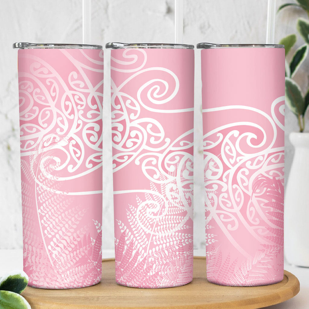 Aotearoa Maori Koru Curves Skinny Tumbler Silver Ferns - Rose Pink LT7 - Polynesian Pride