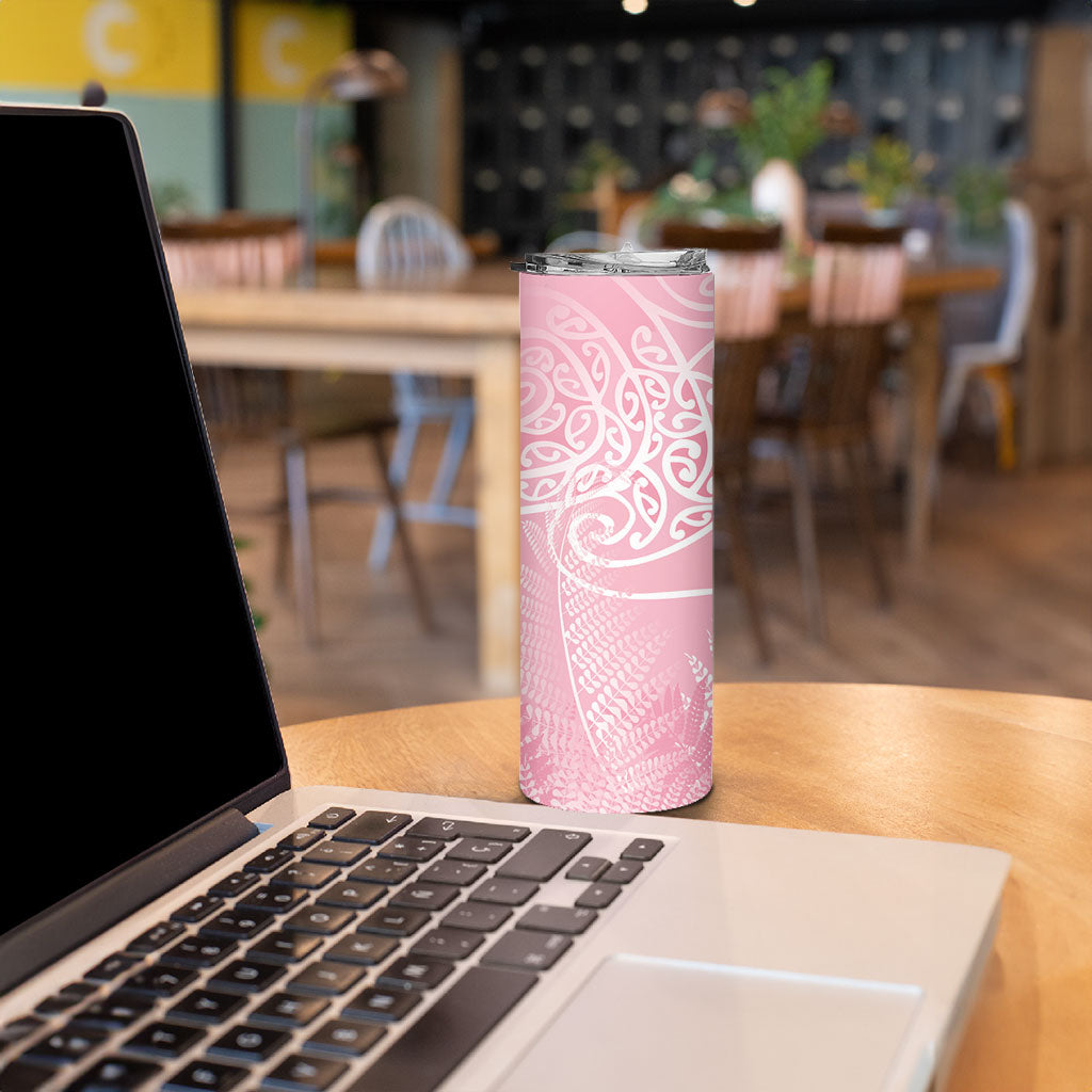Aotearoa Maori Koru Curves Skinny Tumbler Silver Ferns - Rose Pink LT7 - Polynesian Pride