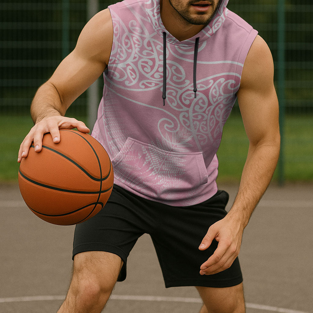 Aotearoa Maori Koru Curves Sleeveless Hoodie Silver Ferns - Rose Pink LT7 - Polynesian Pride
