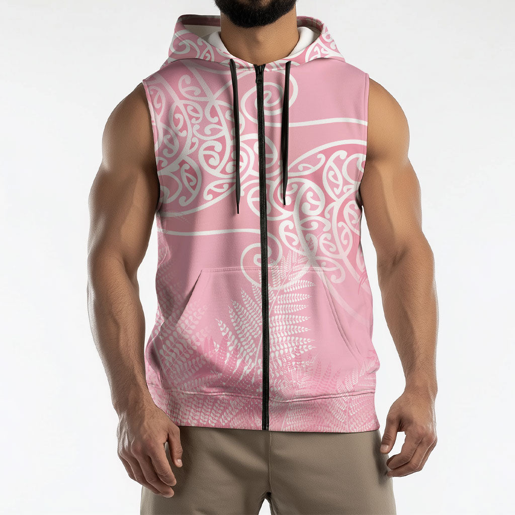 Aotearoa Maori Koru Curves Sleeveless Zip Hoodie Silver Ferns - Rose Pink LT7 - Polynesian Pride