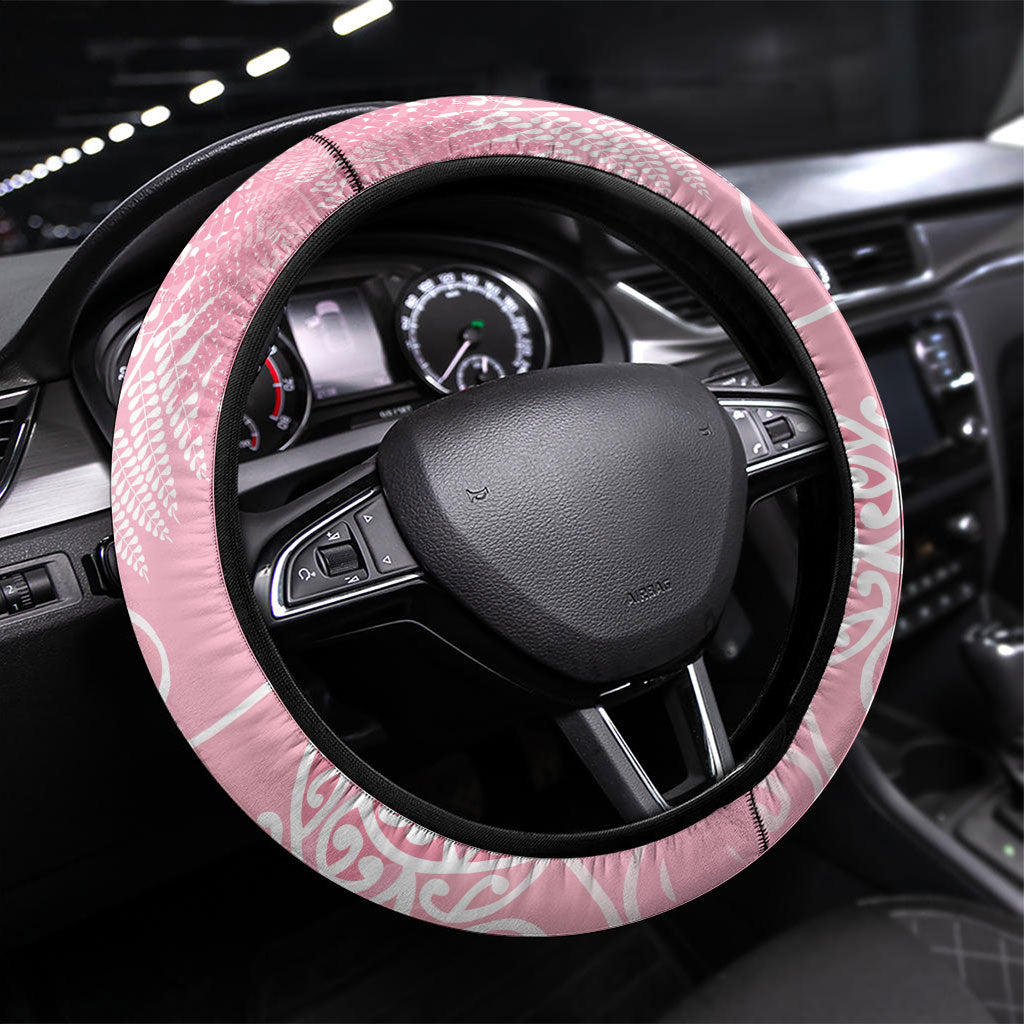 Aotearoa Maori Koru Curves Steering Wheel Cover Silver Ferns - Rose Pink LT7 Universal Fit Pink - Polynesian Pride