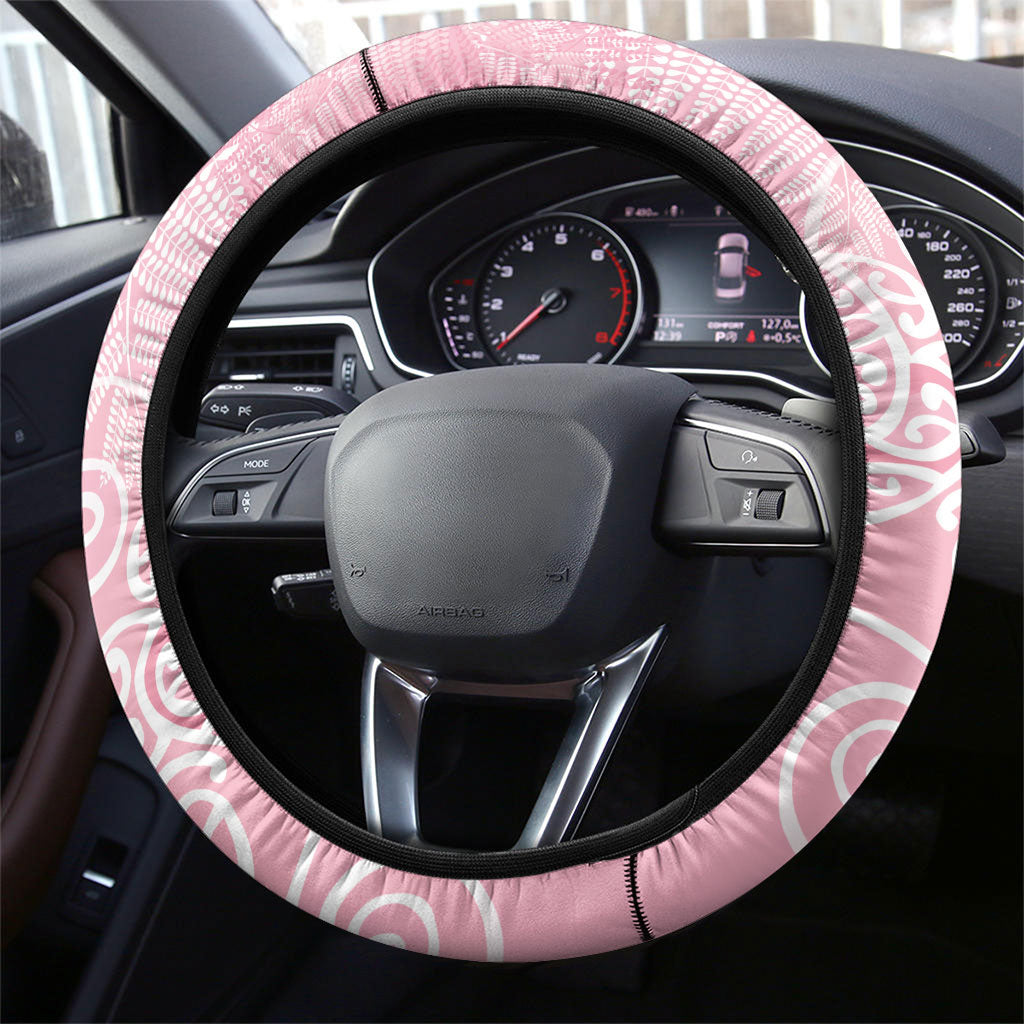 Aotearoa Maori Koru Curves Steering Wheel Cover Silver Ferns - Rose Pink LT7 - Polynesian Pride